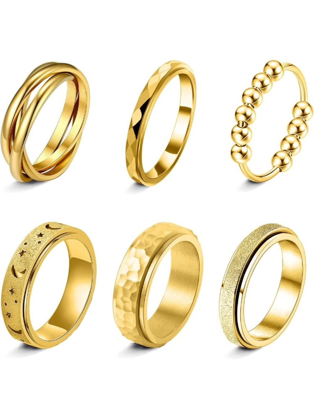 6pcs Stainless Steel Fidget Rings Set - Spinner Anxiety Relief Moon Star Bands